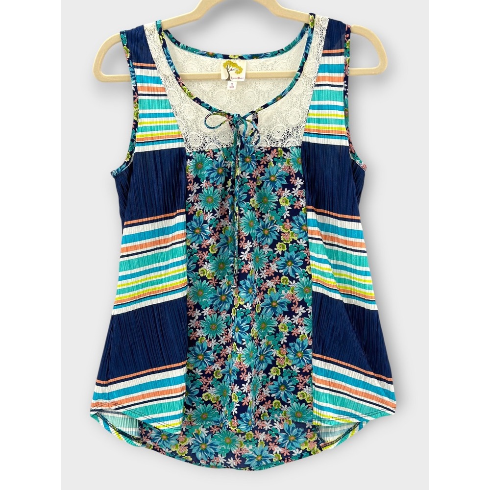 Fig & Flower Mixed Print Boho Tank Top Lace Trim Floral Stripe Size Small